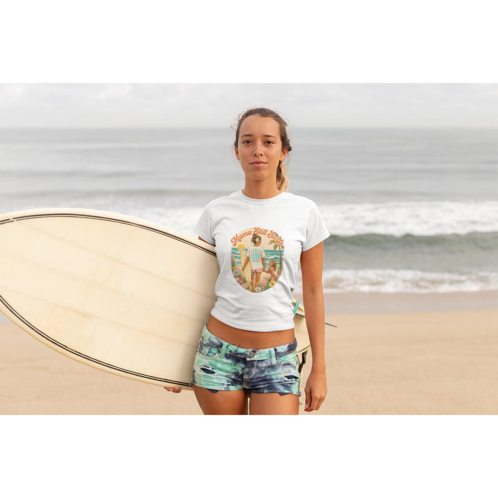 Mama Still Surfs Vintage Beach Scene Cropped Tee | Surfing Mom Graphic Shirt