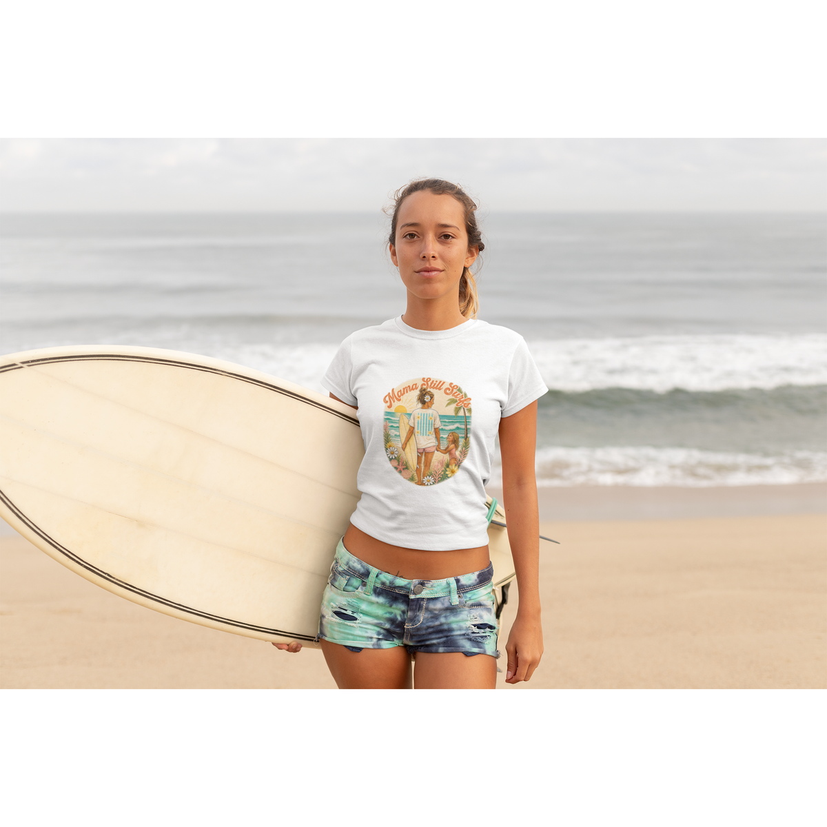 Mama Still Surfs Vintage Beach Scene Cropped Tee | Surfing Mom Graphic Shirt