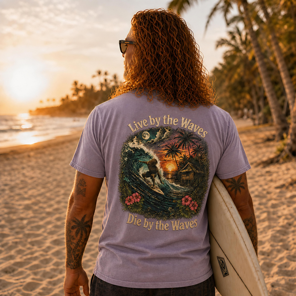 Live by the Waves Die by the Waves Surf Graphic Tee | Tropical Sunset Surfing Shirt