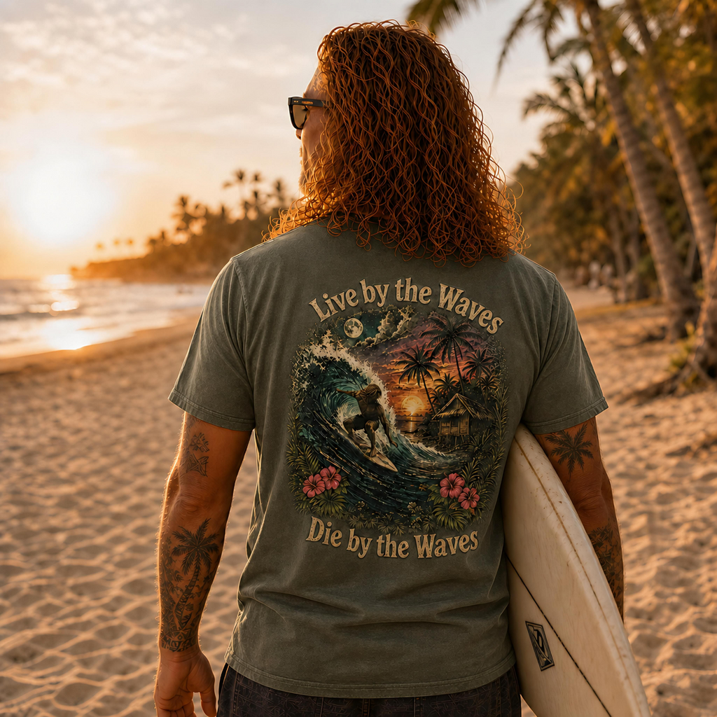 Live by the Waves Die by the Waves Surf Graphic Tee | Tropical Sunset Surfing Shirt