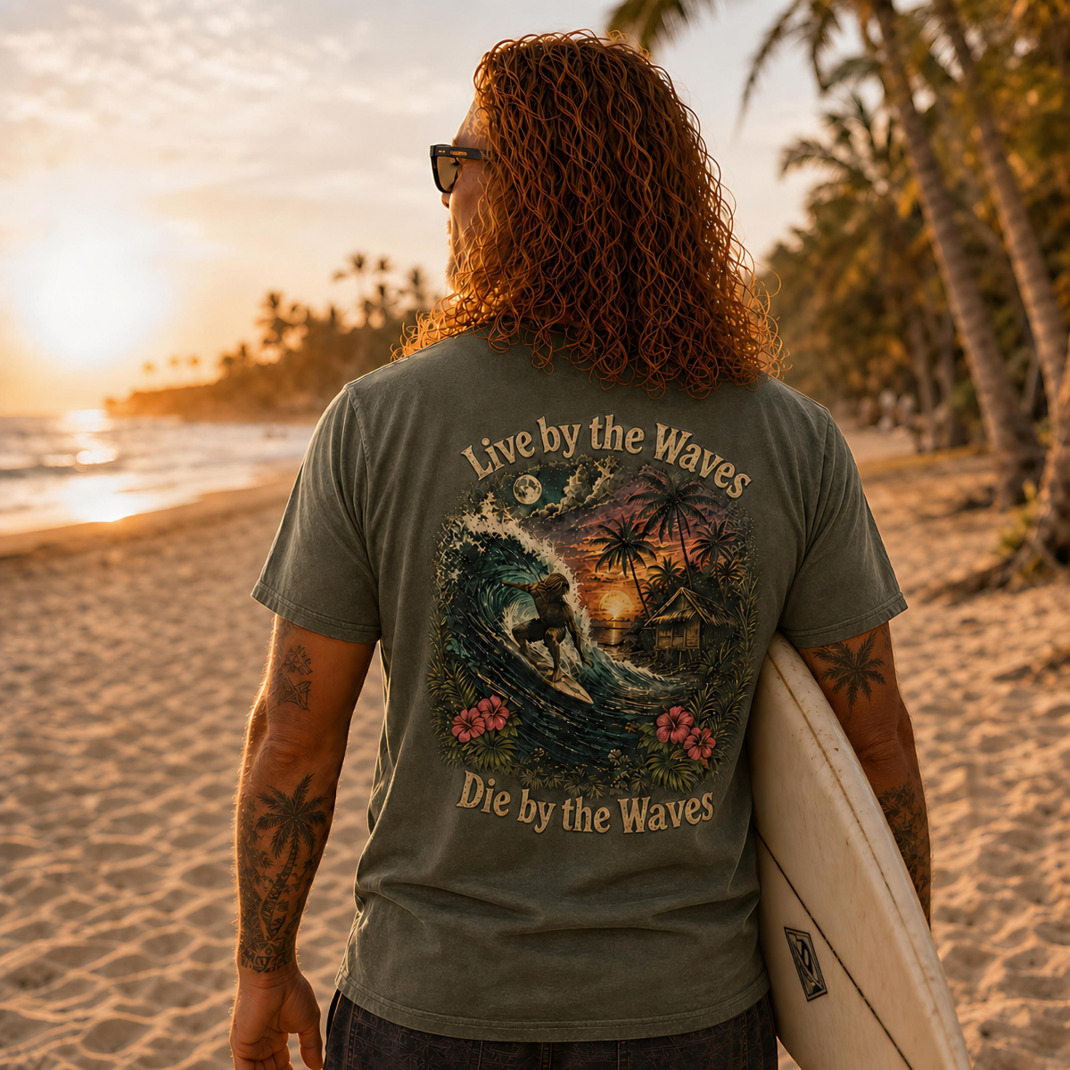Live by the Waves Die by the Waves Surf Graphic Tee | Tropical Sunset Surfing Shirt