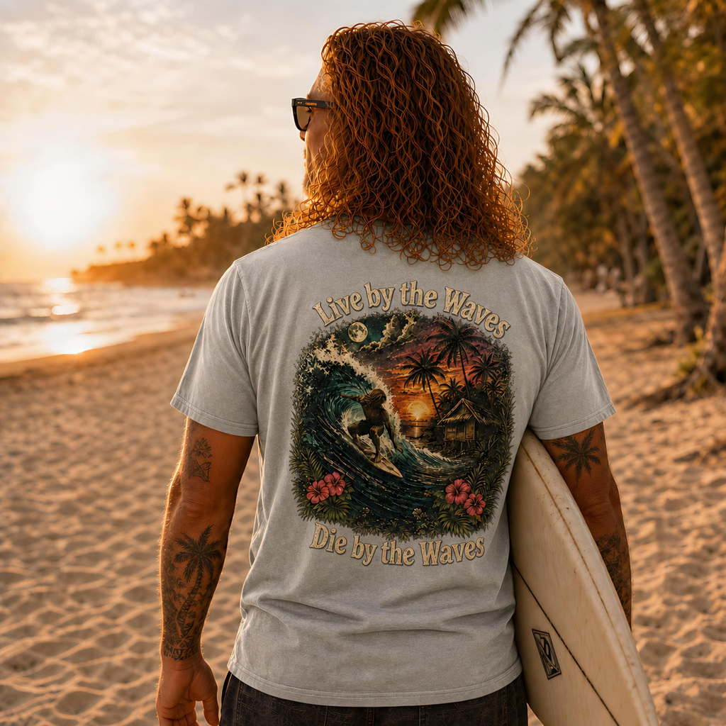 Live by the Waves Die by the Waves Surf Graphic Tee | Tropical Sunset Surfing Shirt