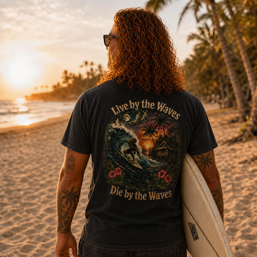 Live by the Waves Die by the Waves Surf Graphic Tee | Tropical Sunset Surfing Shirt
