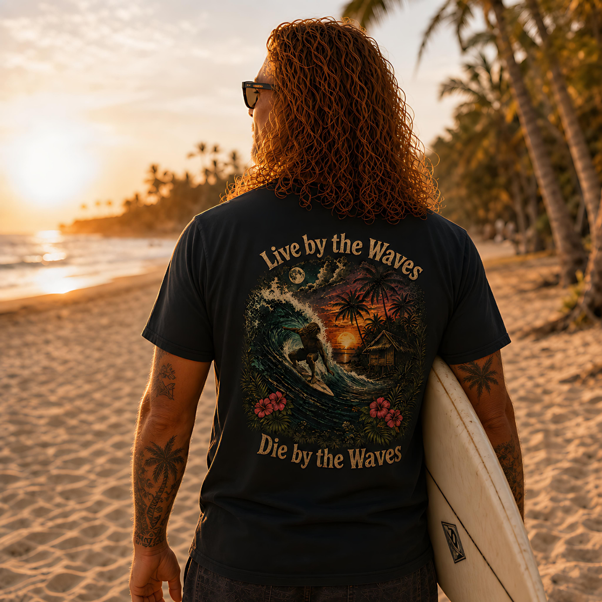 Live by the Waves Die by the Waves Surf Graphic Tee | Tropical Sunset Surfing Shirt