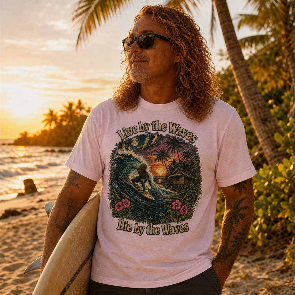 Live by the Waves surfer sunset T-shirt | Tropical surf graphic tee