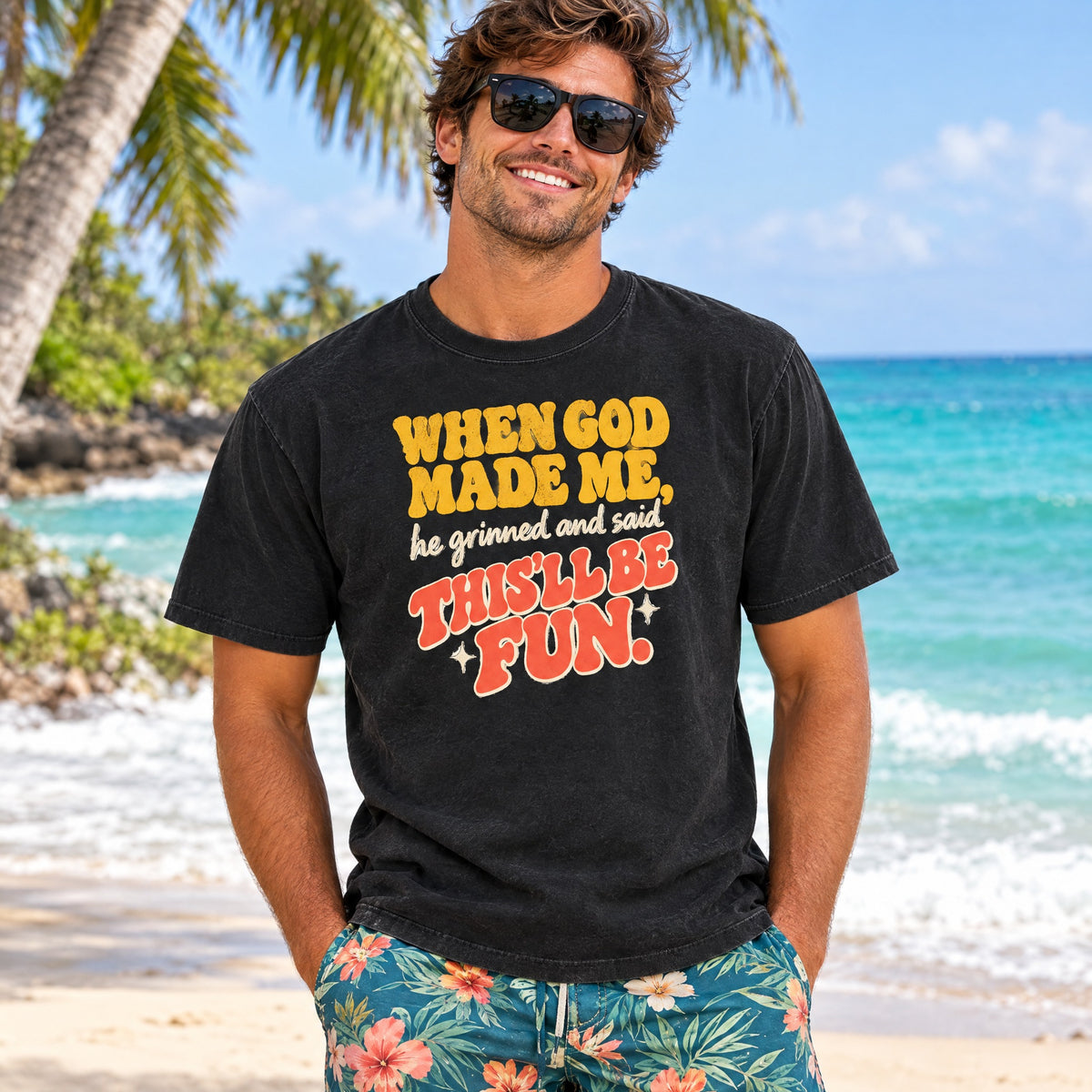 When God Made Me This'll Be Fun T-shirt | Retro Script Faith Tee