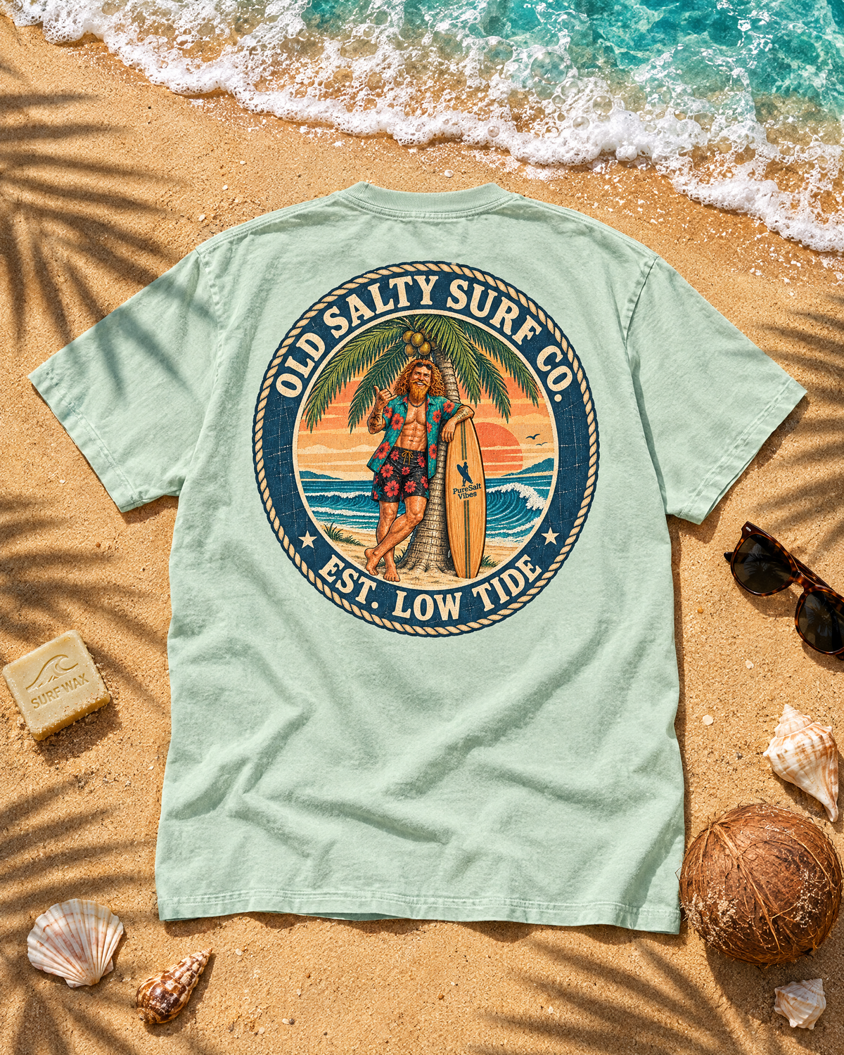 Surf Vintage T-Shirt — "Old Salty Surf Co. Est. Low Tide" Retro Beach Tee