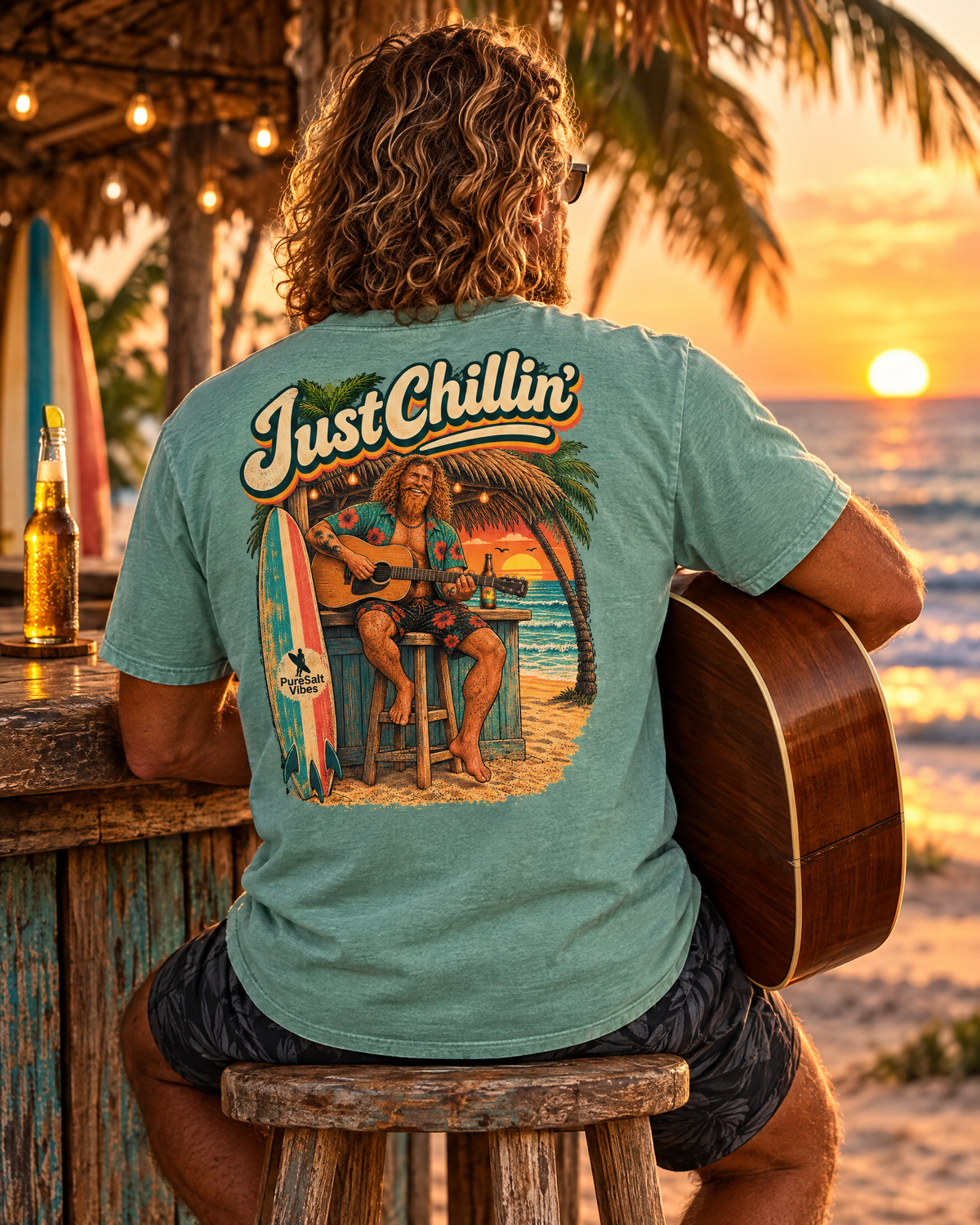 Just Chillin' Surf T-Shirt — Retro Beach Vibes with Guitarist Graphic