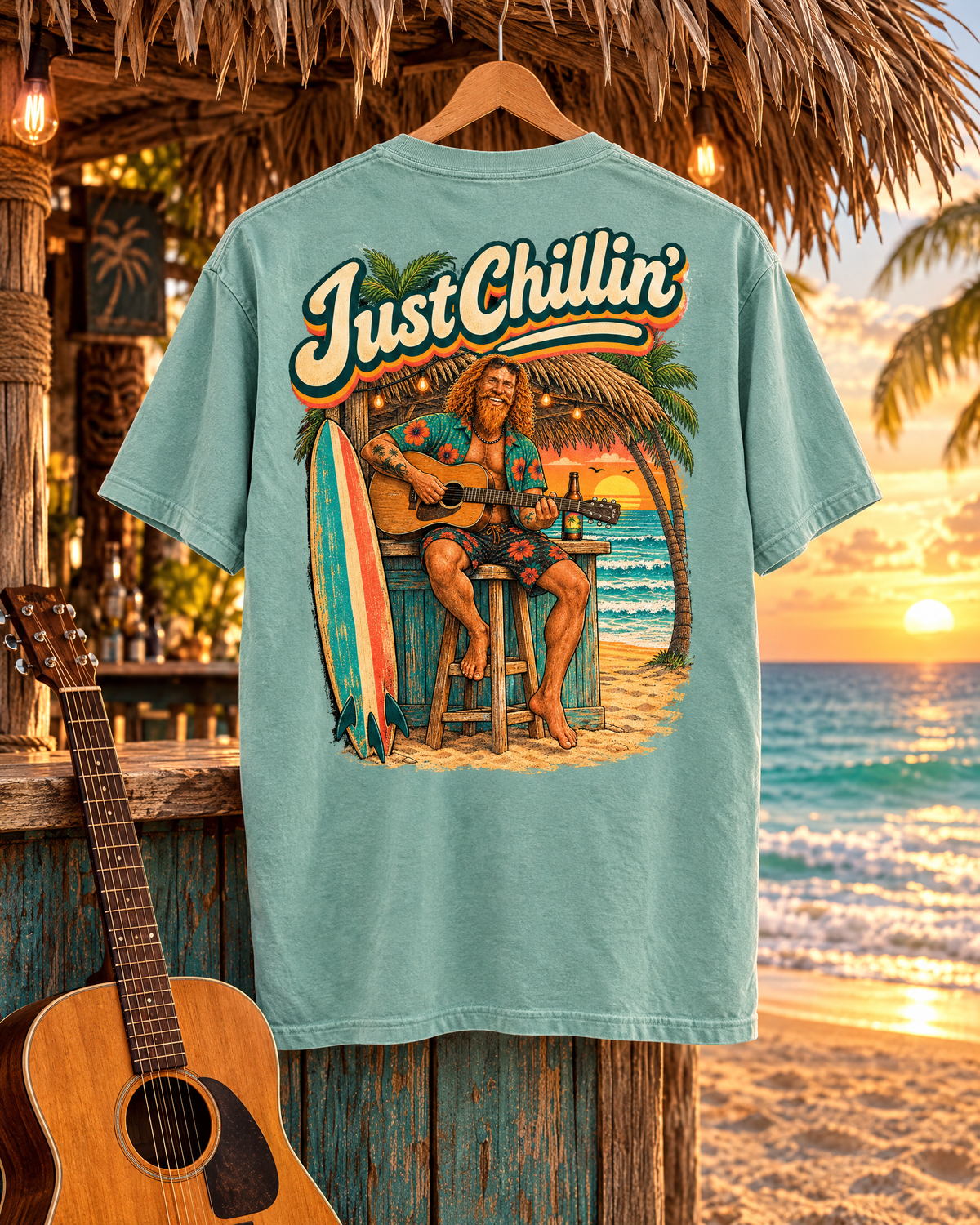 Just Chillin' Surf T-Shirt — Retro Beach Vibes with Guitarist Graphic