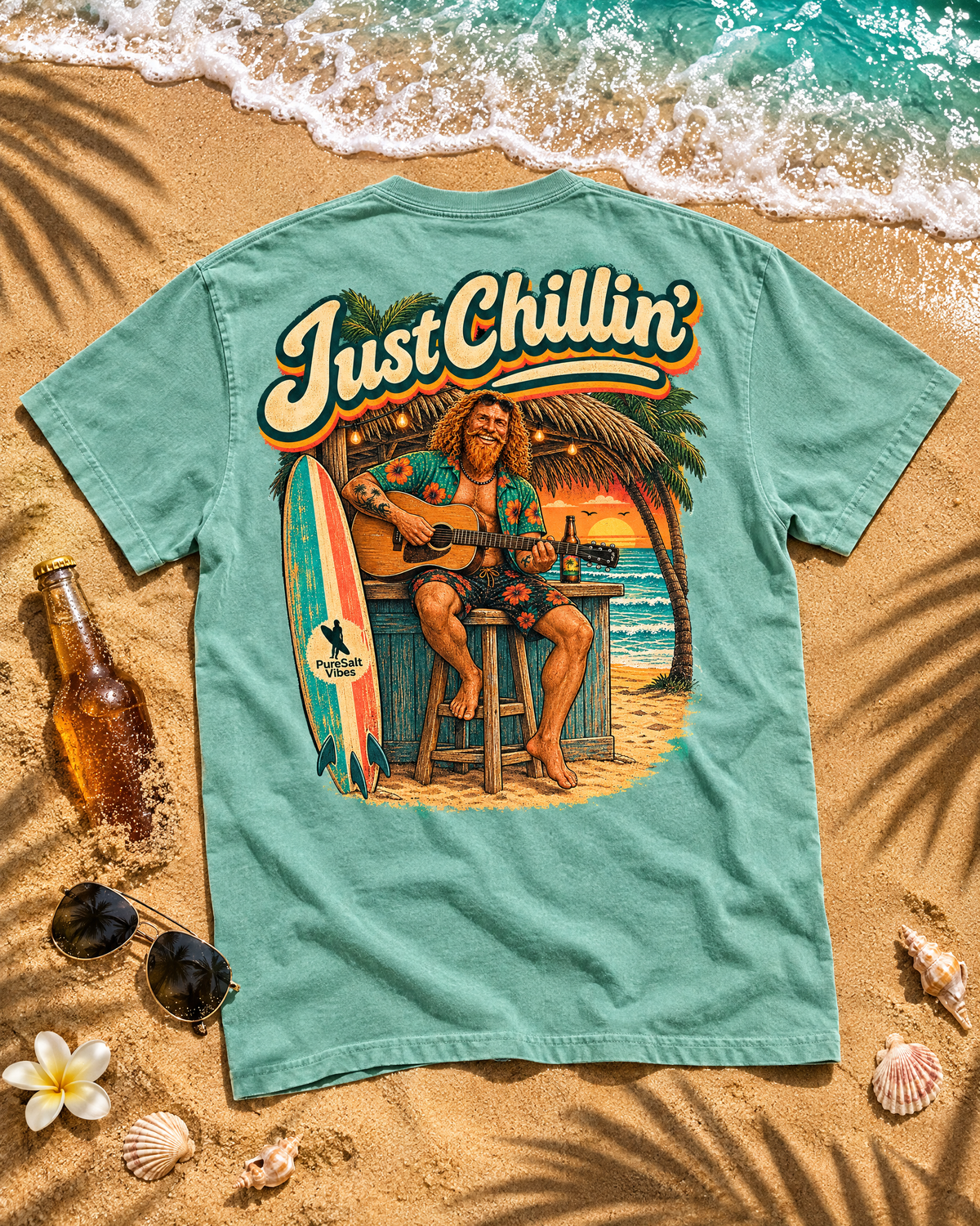 Just Chillin' Surf T-Shirt — Retro Beach Vibes with Guitarist Graphic