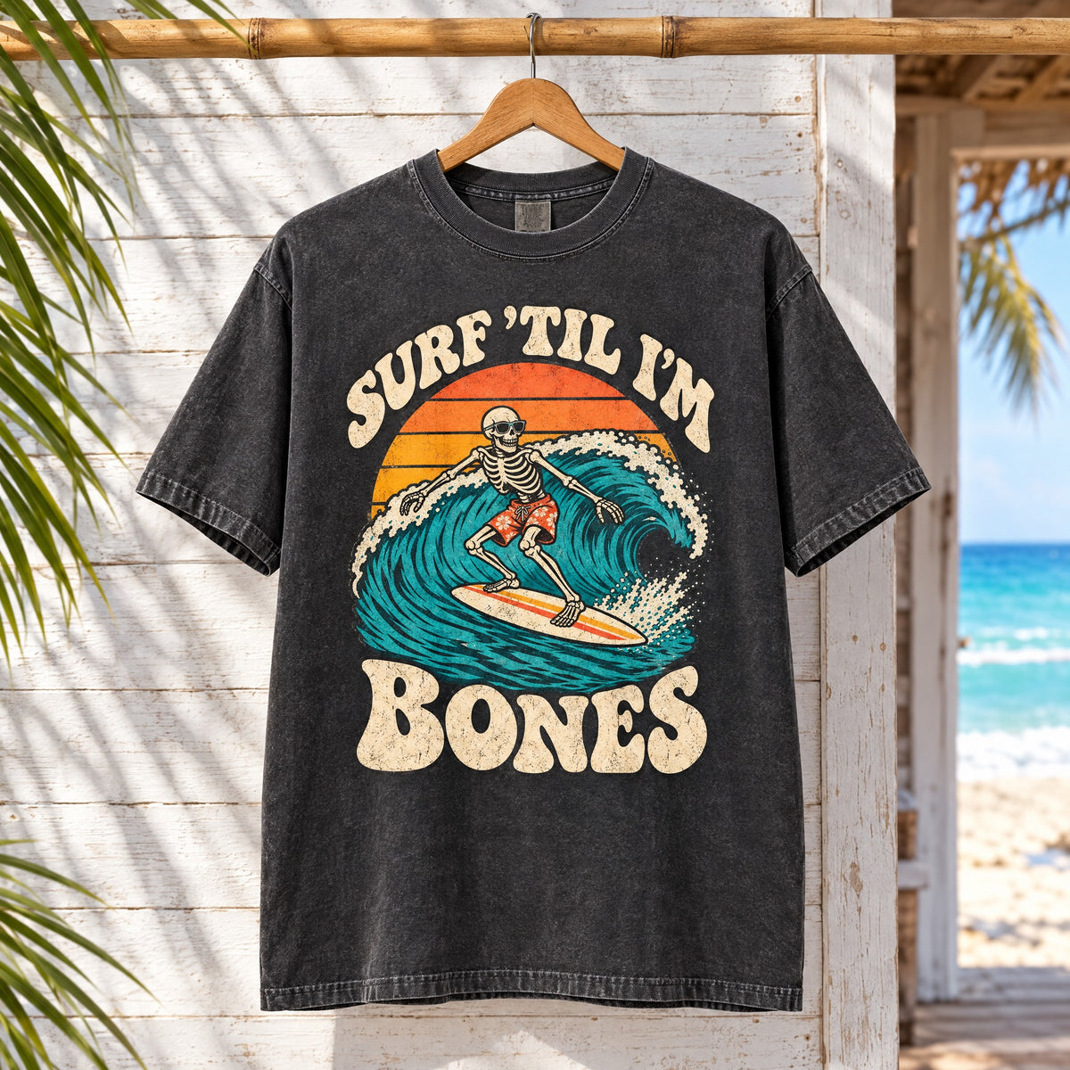 Surf 'Til I'm Bones T-Shirt — Retro Skeleton Surfer Tee