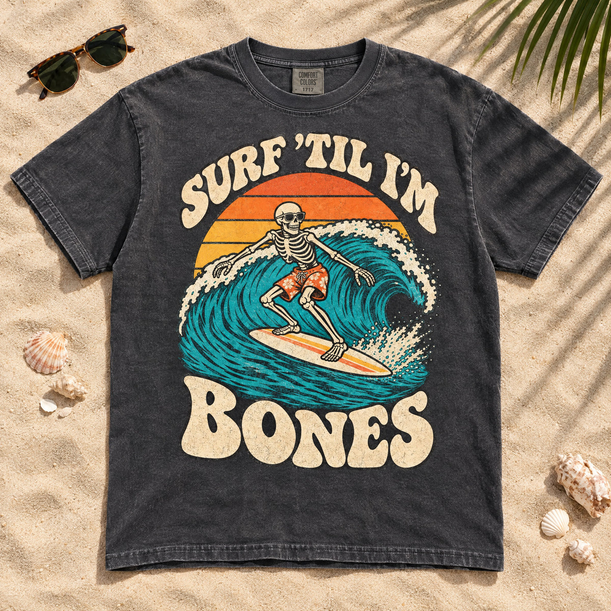 Surf 'Til I'm Bones T-Shirt — Retro Skeleton Surfer Tee