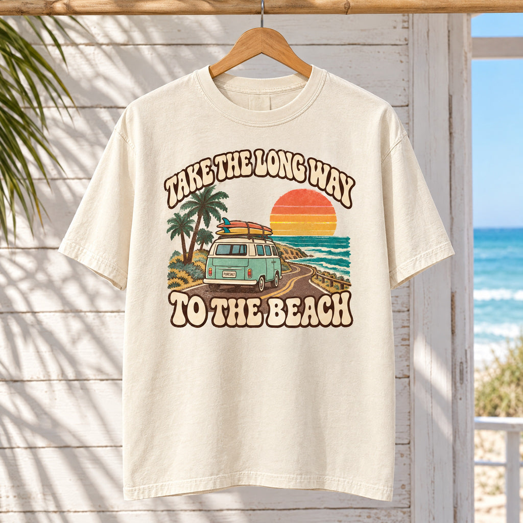 Take the Long Way to the Beach T-Shirt — Retro Surf Van Sunset Tee