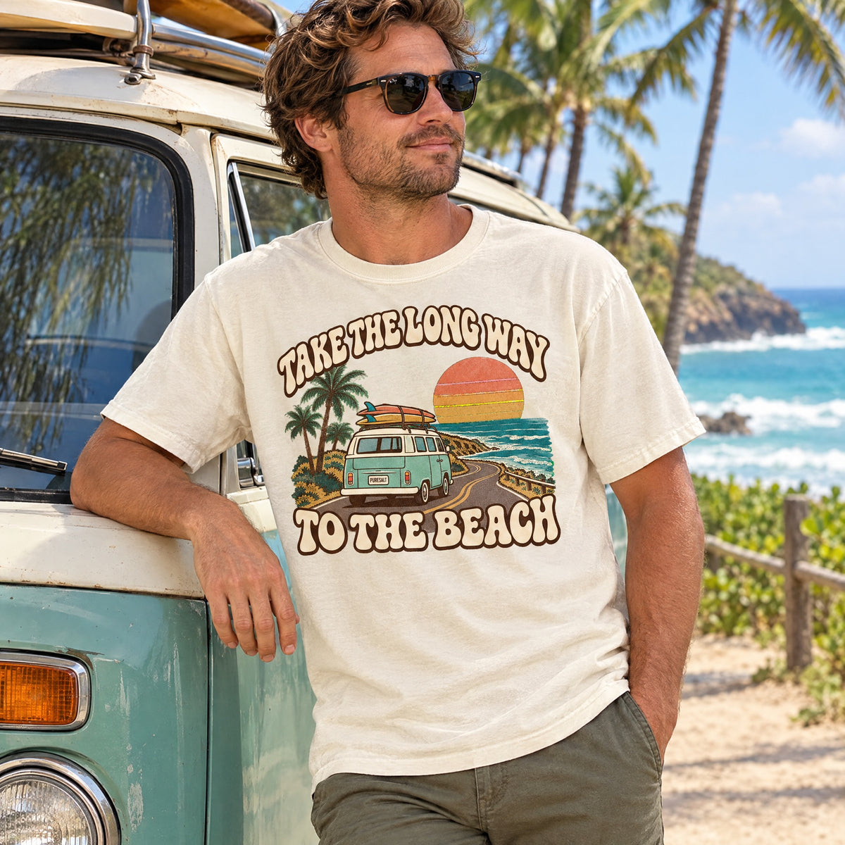 Take the Long Way to the Beach T-Shirt — Retro Surf Van Sunset Tee