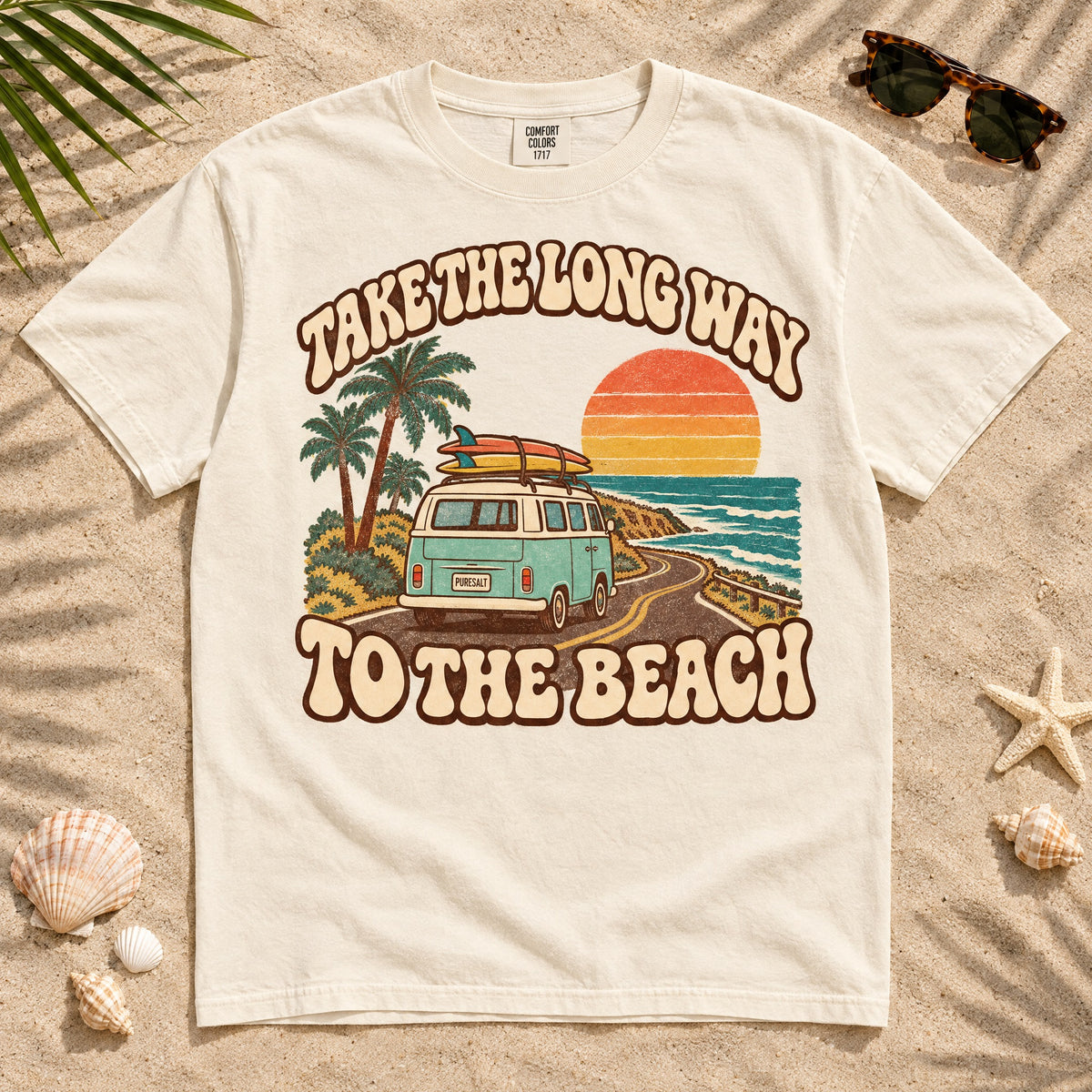 Take the Long Way to the Beach T-Shirt — Retro Surf Van Sunset Tee