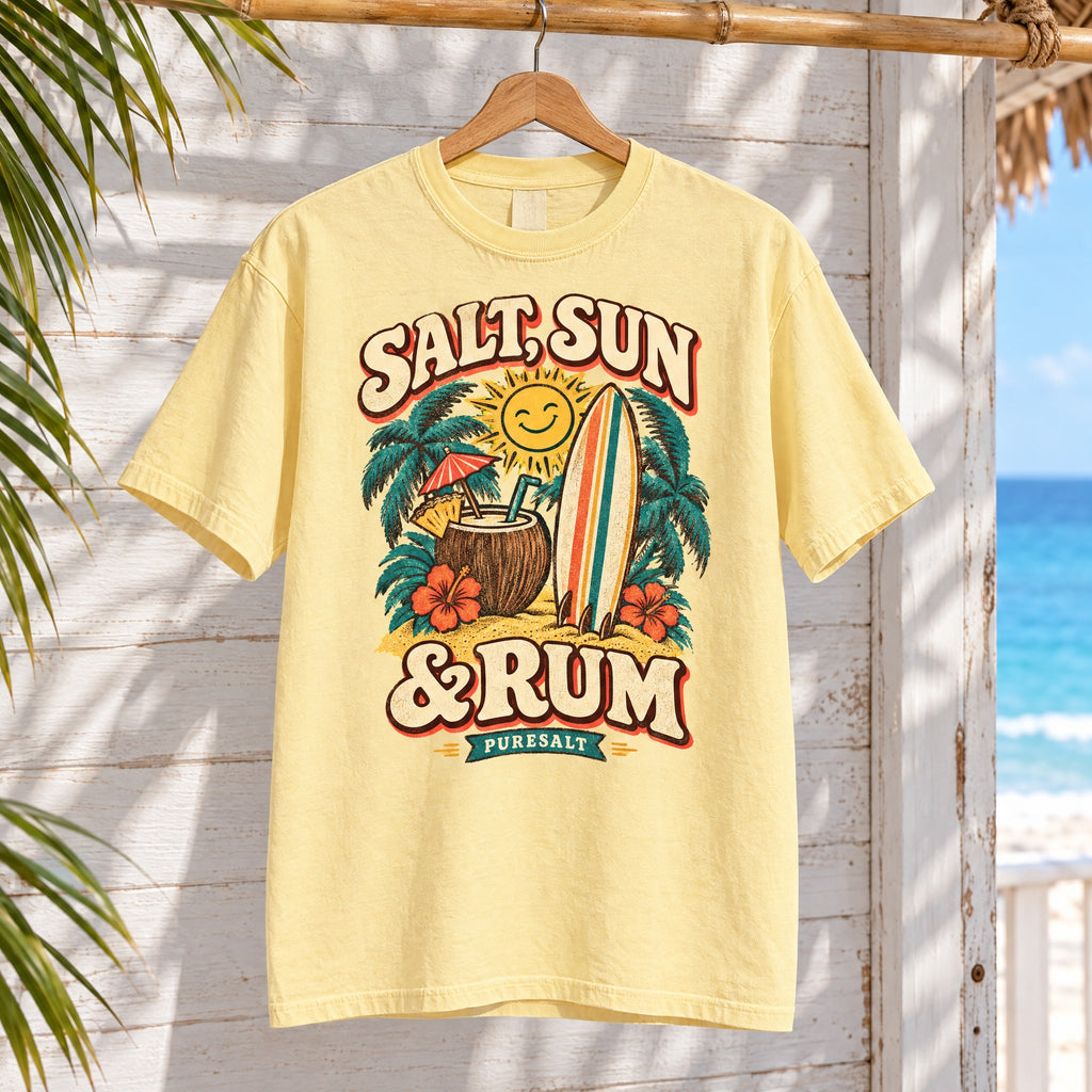 Salt, Sun & Rum Surf T-Shirt — Tropical Beach Vibes Graphic Tee