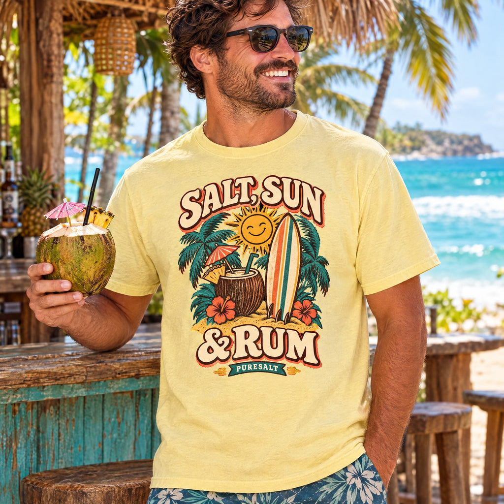 Salt, Sun & Rum Surf T-Shirt — Tropical Beach Vibes Graphic Tee