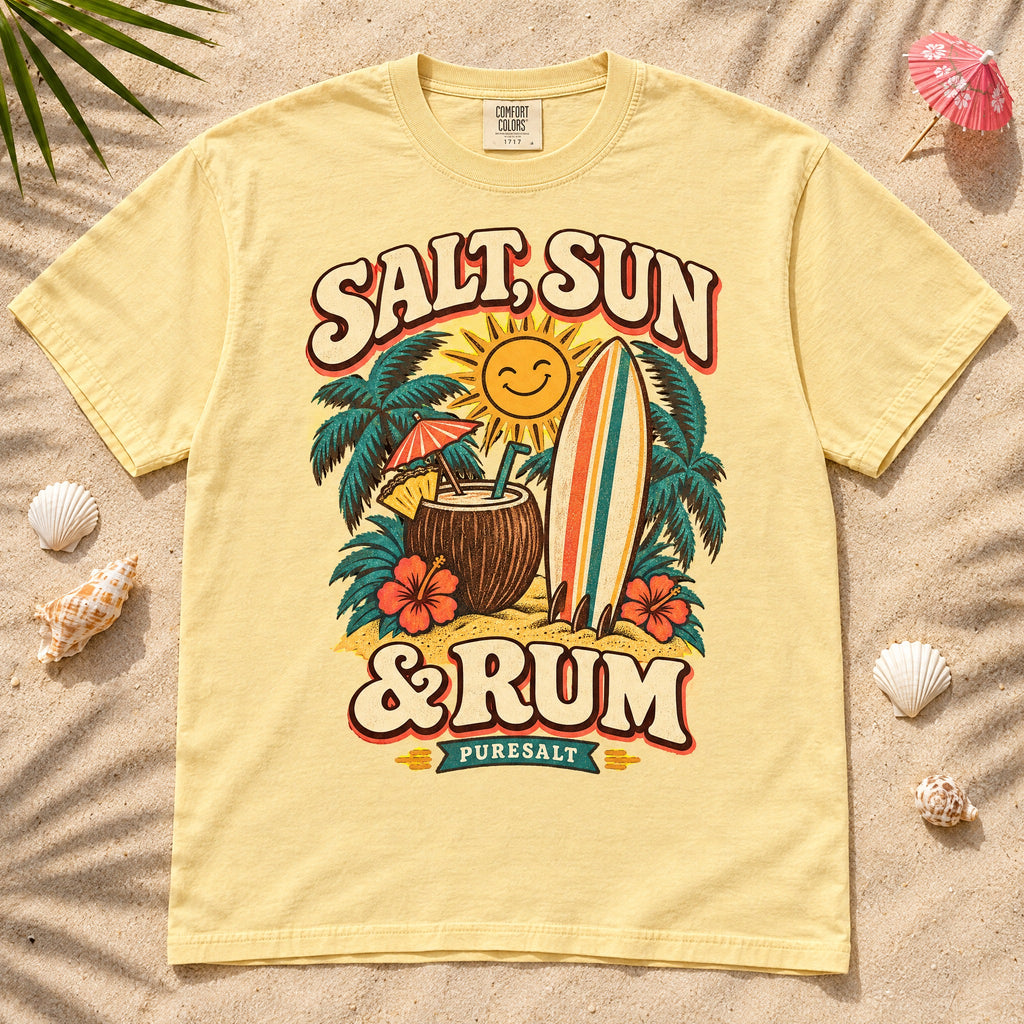 Salt, Sun & Rum Surf T-Shirt — Tropical Beach Vibes Graphic Tee