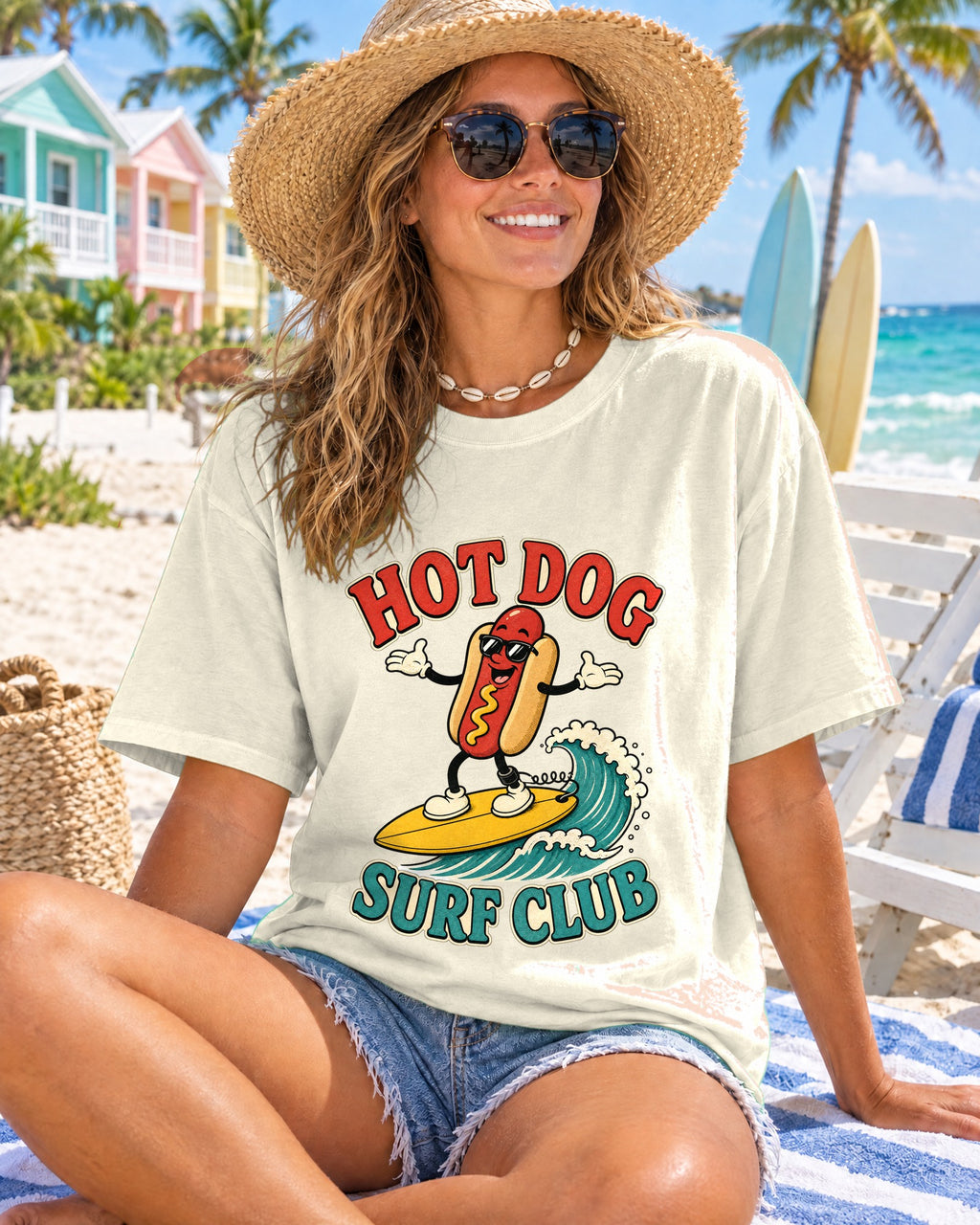 Hot Dog Surf Club Tee | Funny Hot Dog Surf Shirt | Retro Beach T-Shirt | Comfort Colors Gift
