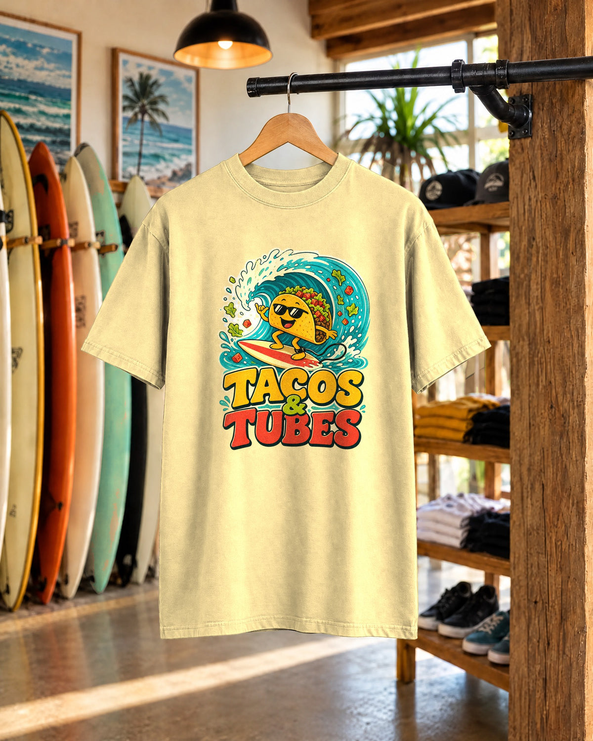 Tacos & Tubes Tee | Funny Taco Surf Shirt | Retro Beach T-Shirt | Comfort Colors Gift