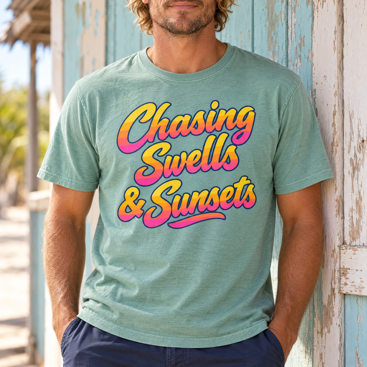 Chasing Swells and Sunsets Tee | Retro Script Surf T-Shirt | Sunset Beach Shirt | Comfort Colors Surfer Gift