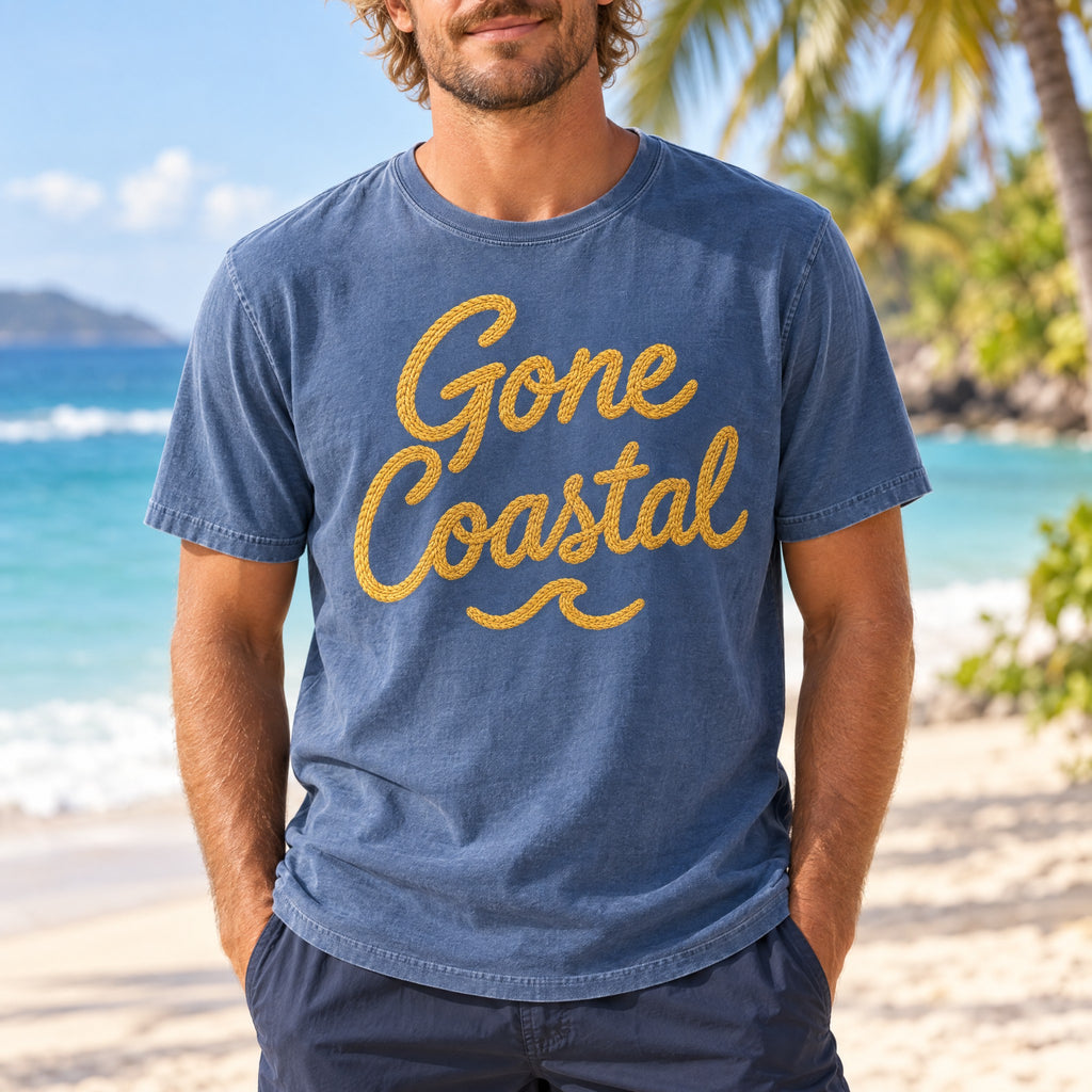 Gone Coastal Tee | Embroidered Look Script Beach Shirt | Coastal Living T-Shirt | Comfort Colors Blue Jean