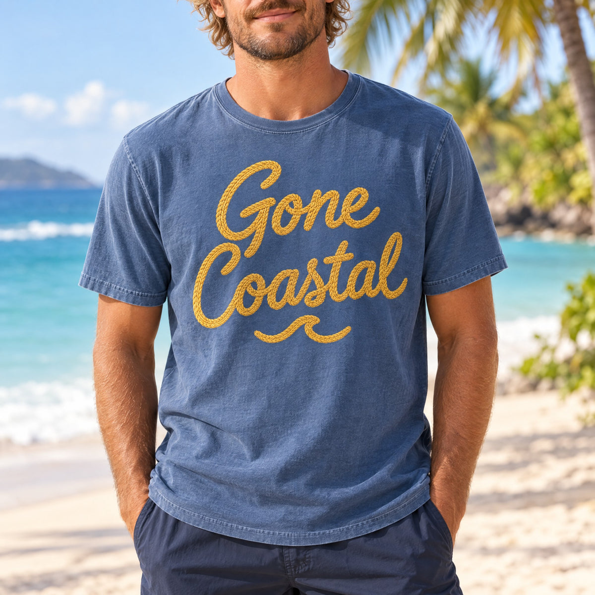 Gone Coastal Tee | Embroidered Look Script Beach Shirt | Coastal Living T-Shirt | Comfort Colors Blue Jean