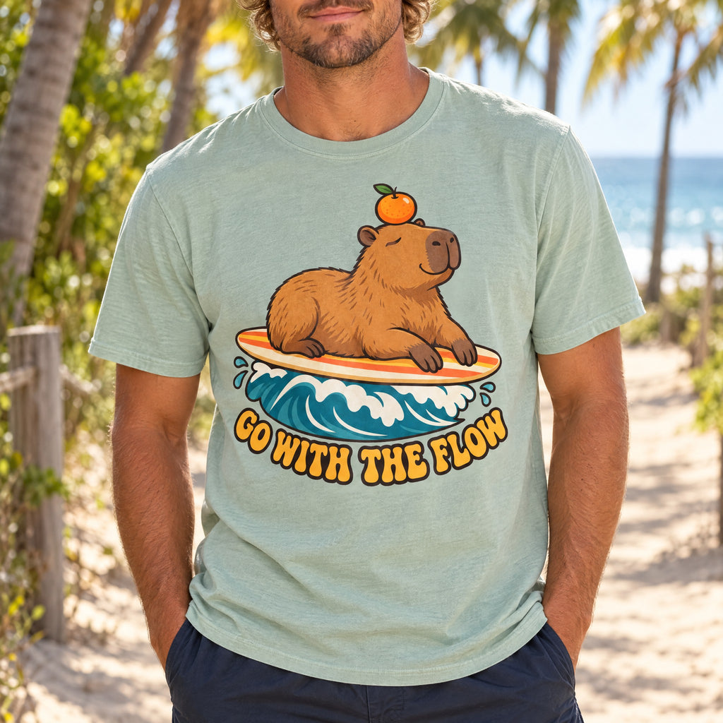 Capybara Go With The Flow Tee | Cute Surfing Capybara Shirt | Funny Animal Surf T-Shirt | Comfort Colors