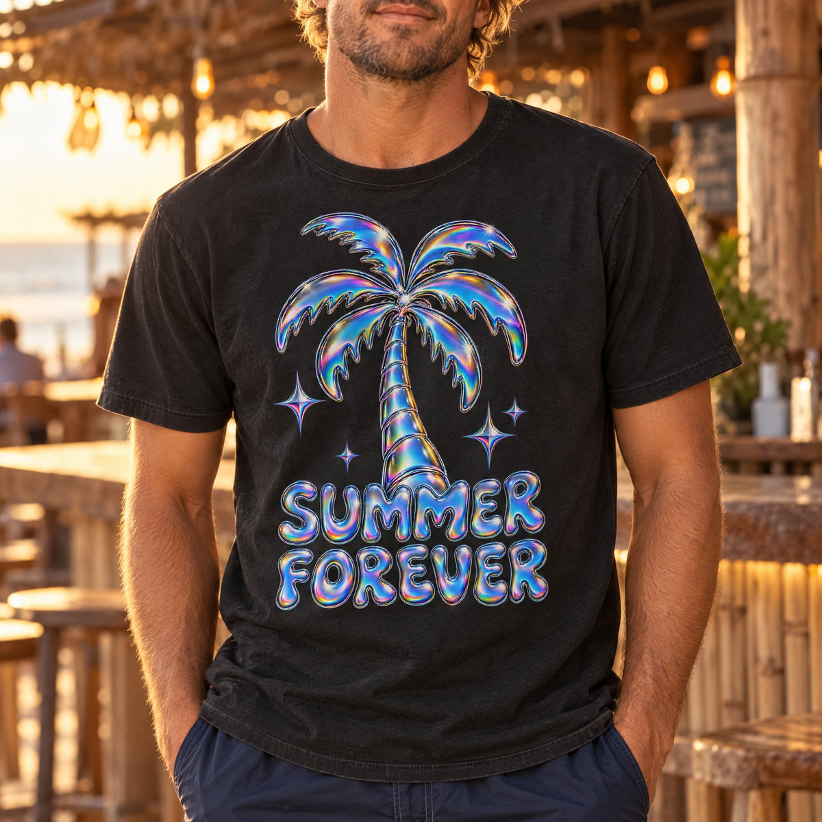 Summer Forever Tee | Holographic Chrome Palm Tree Shirt | Y2K Summer T-Shirt | Comfort Colors Black