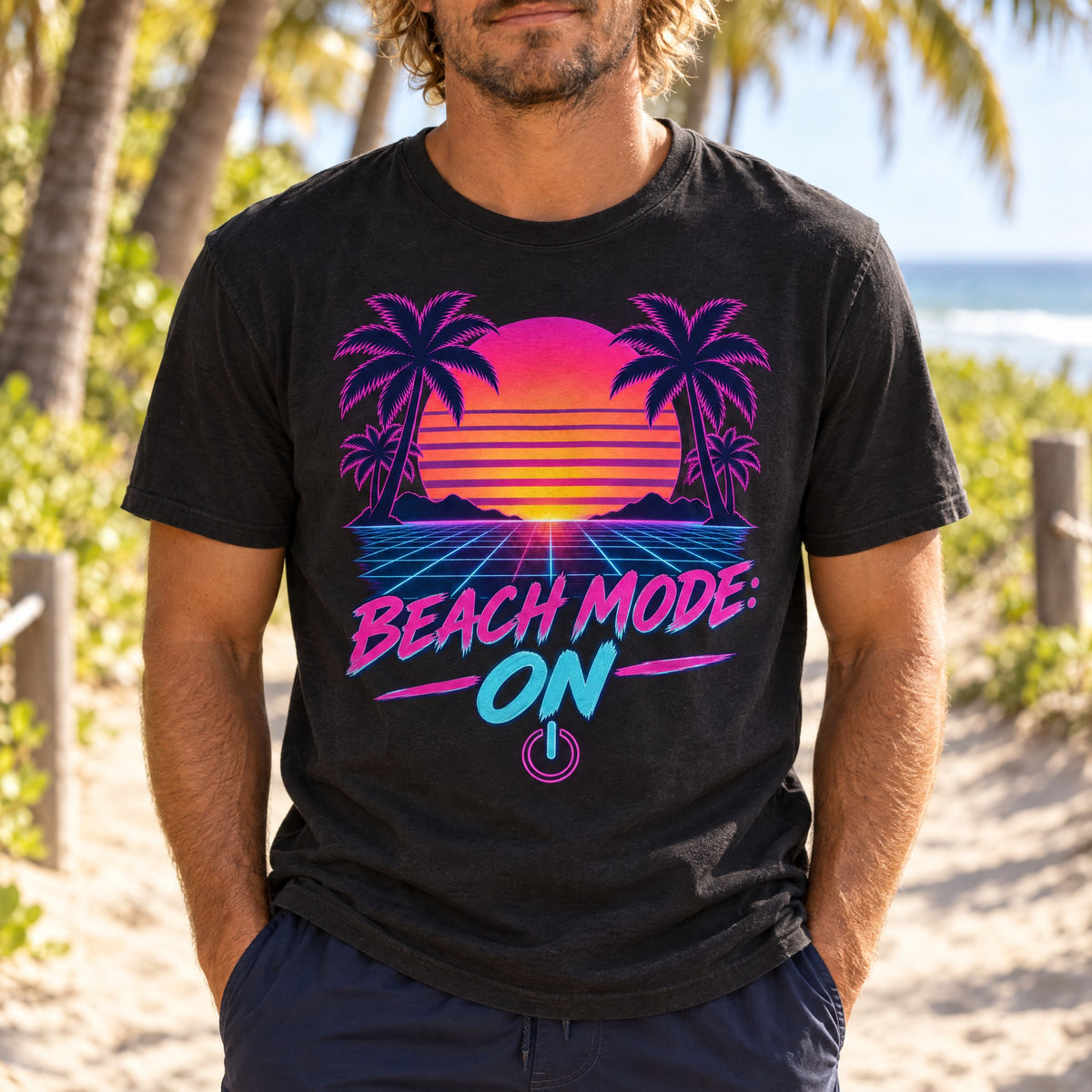 Beach Mode On Tee | Synthwave Retro Sunset Shirt | 80s Neon Palm Tree T-Shirt | Comfort Colors Black