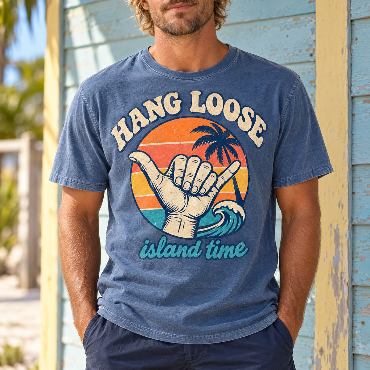 Hang Loose Tee | Shaka Retro Sunset Shirt | Island Time Surf T-Shirt | Comfort Colors Blue Jean