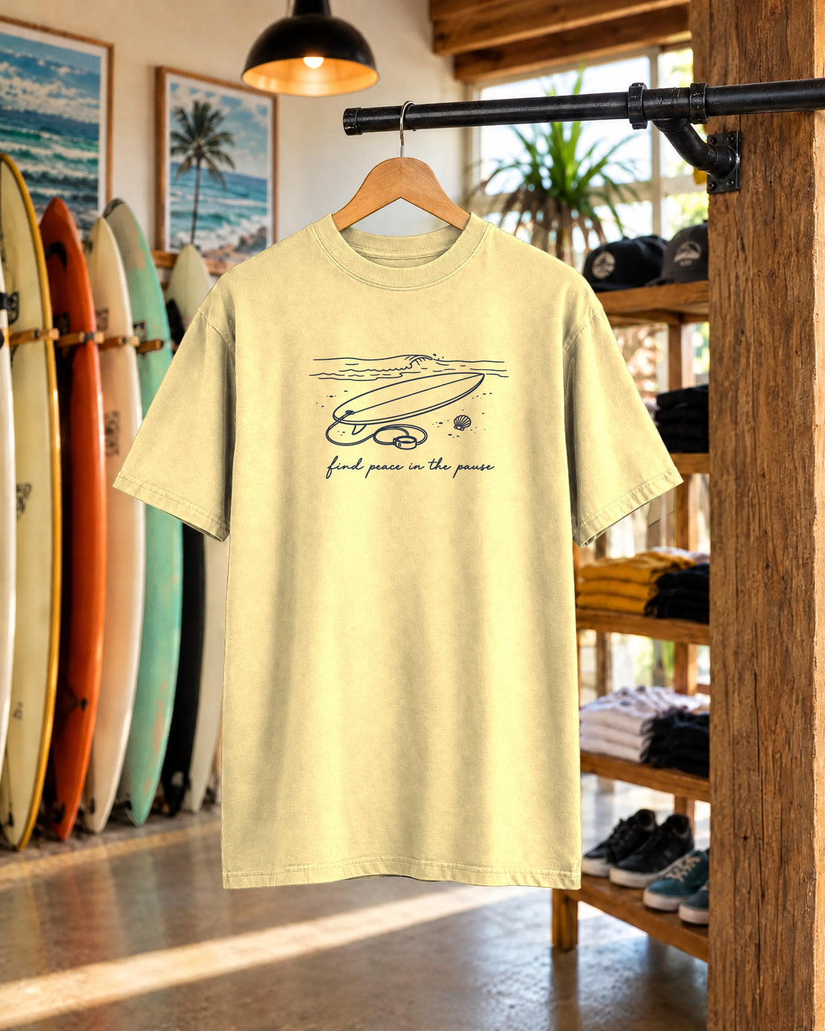Find Peace In The Pause Tee | Minimal Surfboard Shirt | Inspirational Ocean T-Shirt | Comfort Colors