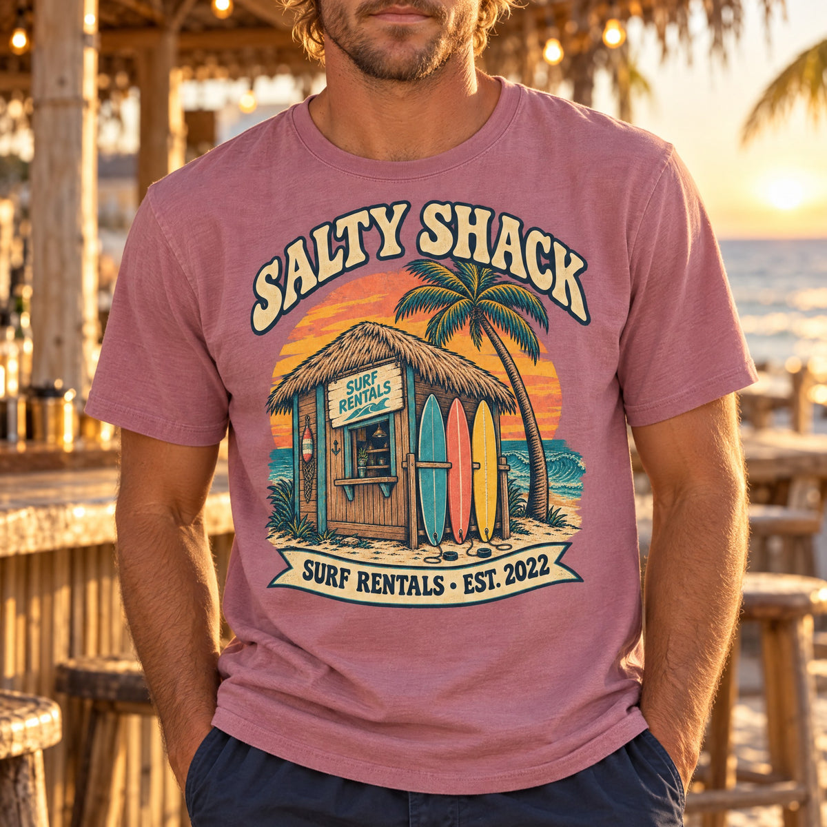 Salty Shack Surf Rentals Tee | Vintage Beach Hut Surf Shirt | Retro Surf Shop T-Shirt | Comfort Colors