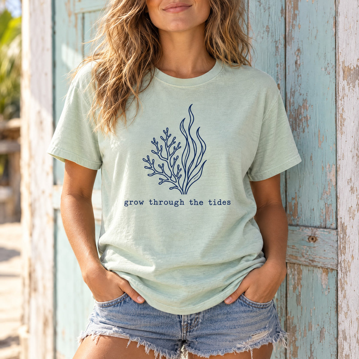 Grow Through The Tides Tee | Seaweed Line Art Shirt | Inspirational Ocean T-Shirt | Comfort Colors Mint