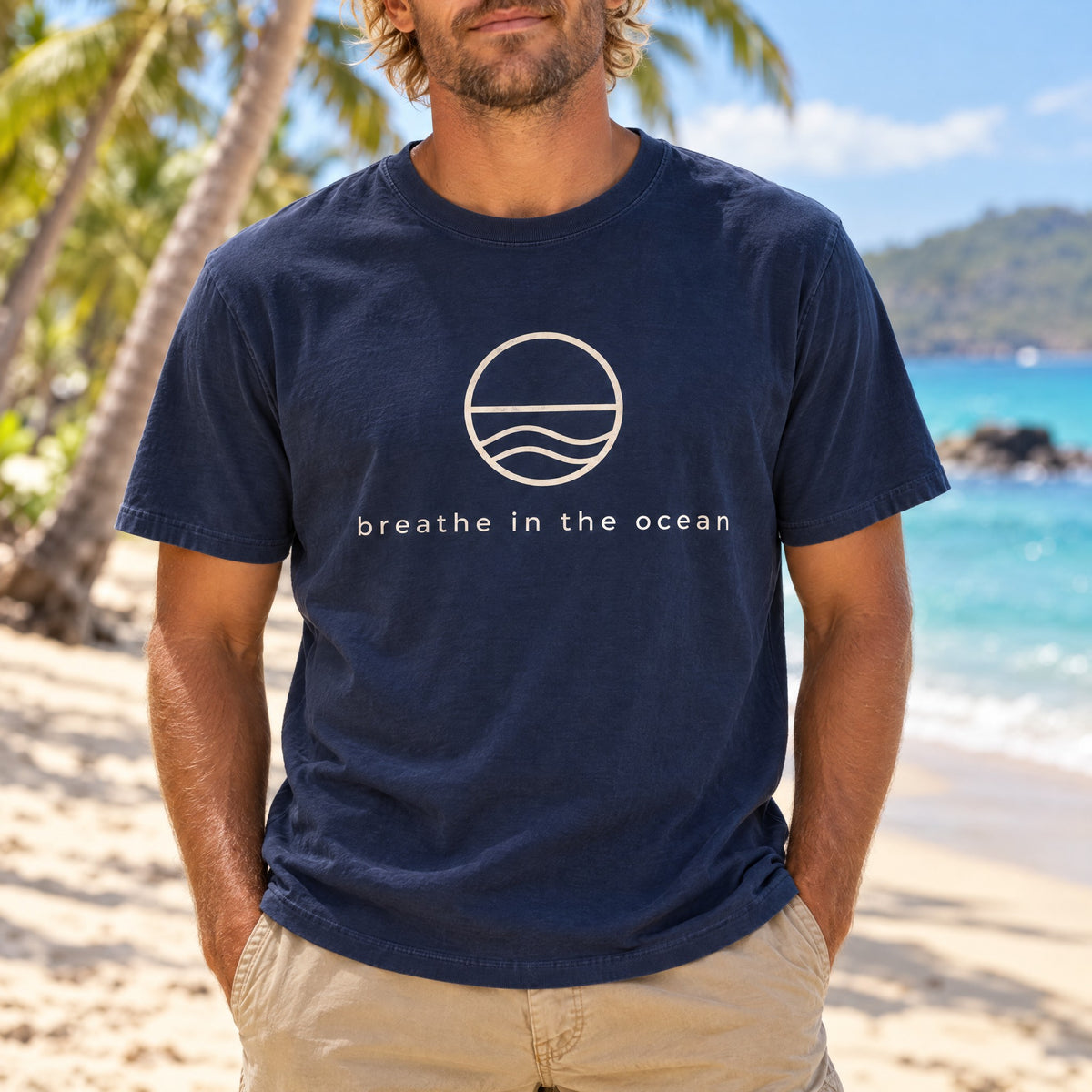 Breathe In The Ocean Tee | Minimalist Circle Wave Shirt | Calm Ocean Mindful T-Shirt | Comfort Colors Navy