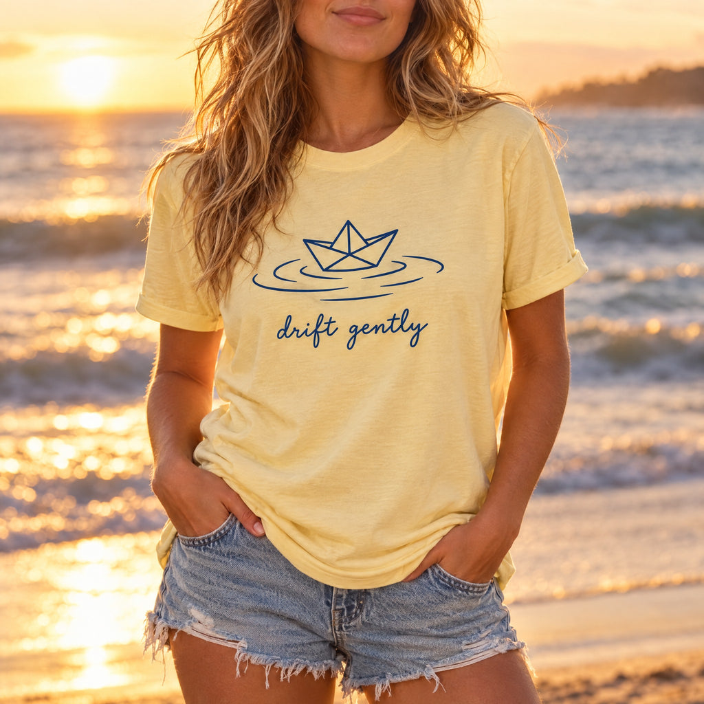 Drift Gently Tee | Paper Boat Minimalist Shirt | Calm Mindful T-Shirt | Comfort Colors Butter