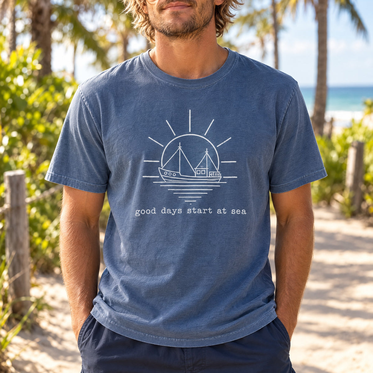 Good Days Start At Sea Tee | Fishing Boat Line Art Shirt | Fisherman Nautical T-Shirt | Comfort Colors