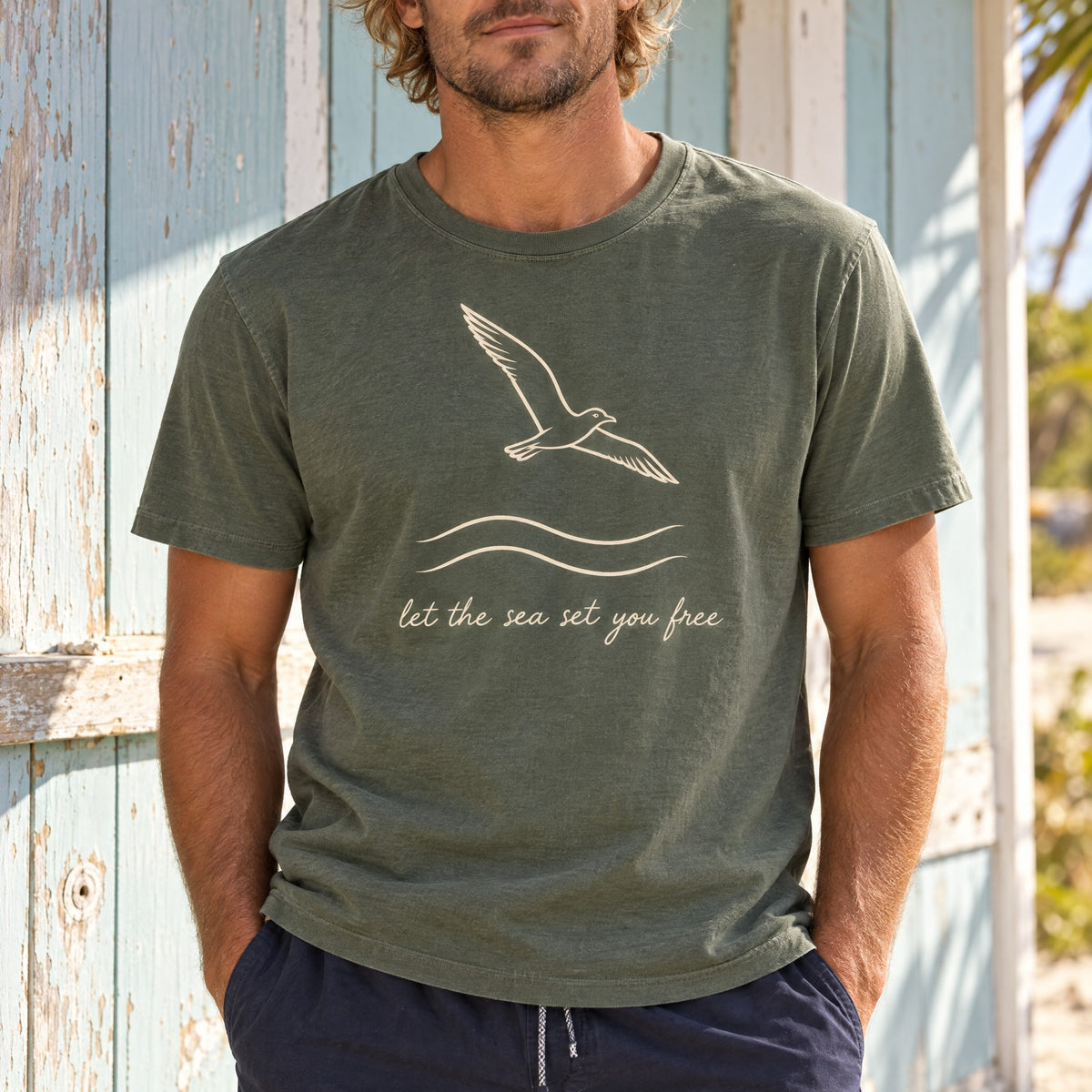 Let The Sea Set You Free Tee | Seagull Line Art Shirt | Freedom Ocean Quote T-Shirt | Comfort Colors Moss