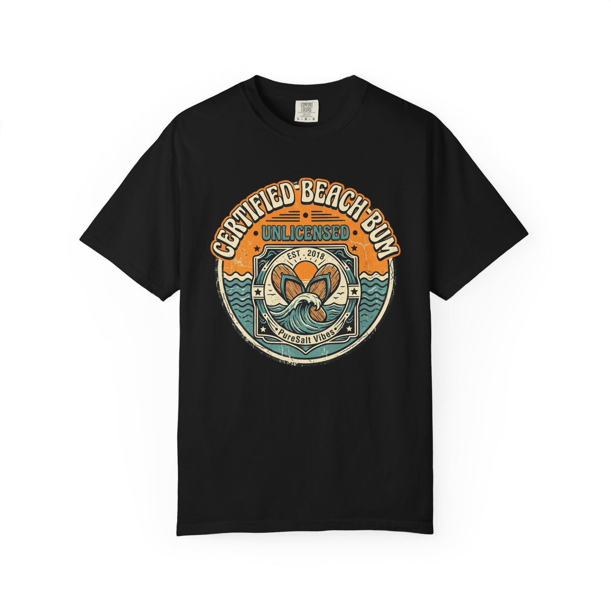 Certified Beach Bum graphic T-Shirt | Retro Surf Badge, Ocean Waves