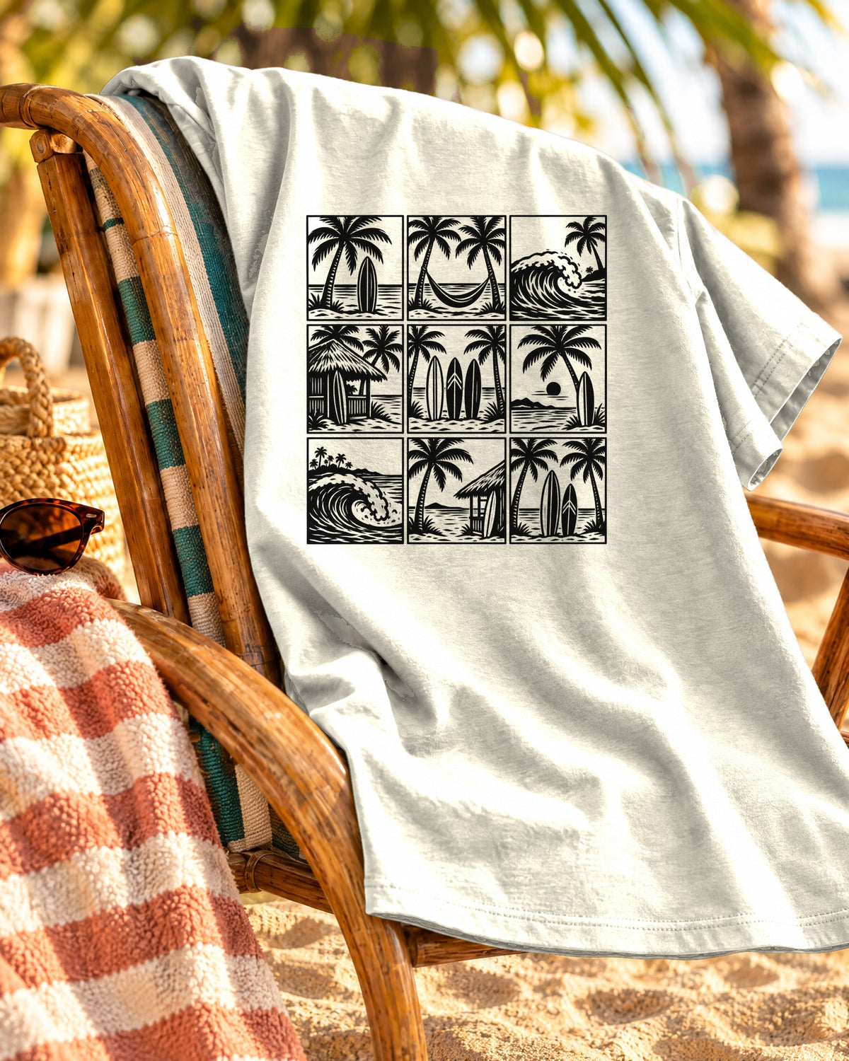 Woodcut Palm Grid Shirt | Tropical Surf Tiles Tee | Comfort Colors T-Shirt