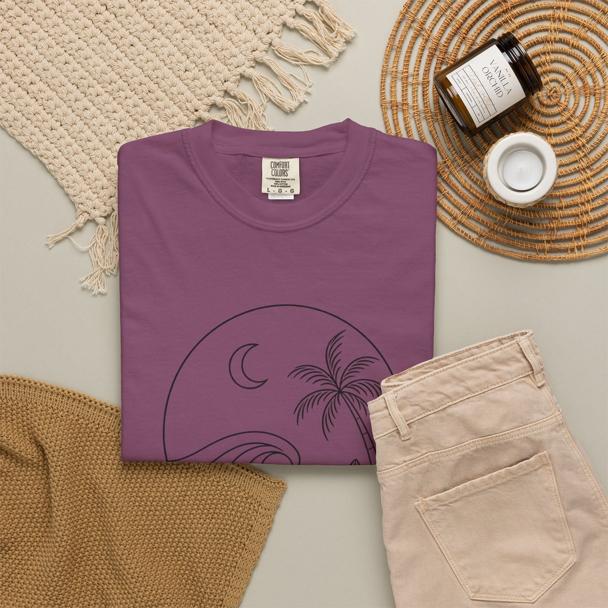 Moonlit Surf Line Art T-Shirt | Palm Tree Wave Circle Design