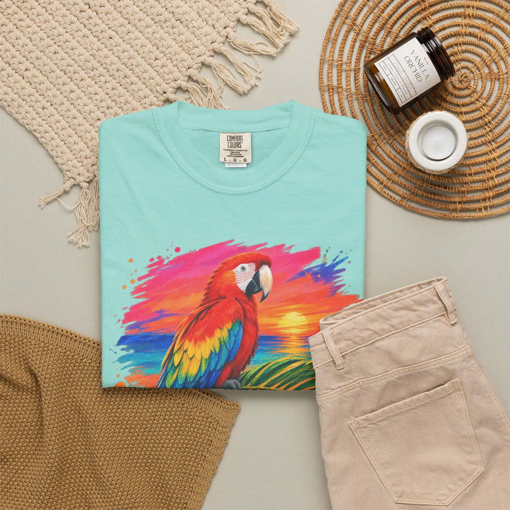 Macaw Parrot Sunset Shirt | Tropical Bird Hibiscus Tee | Comfort Colors T-Shirt