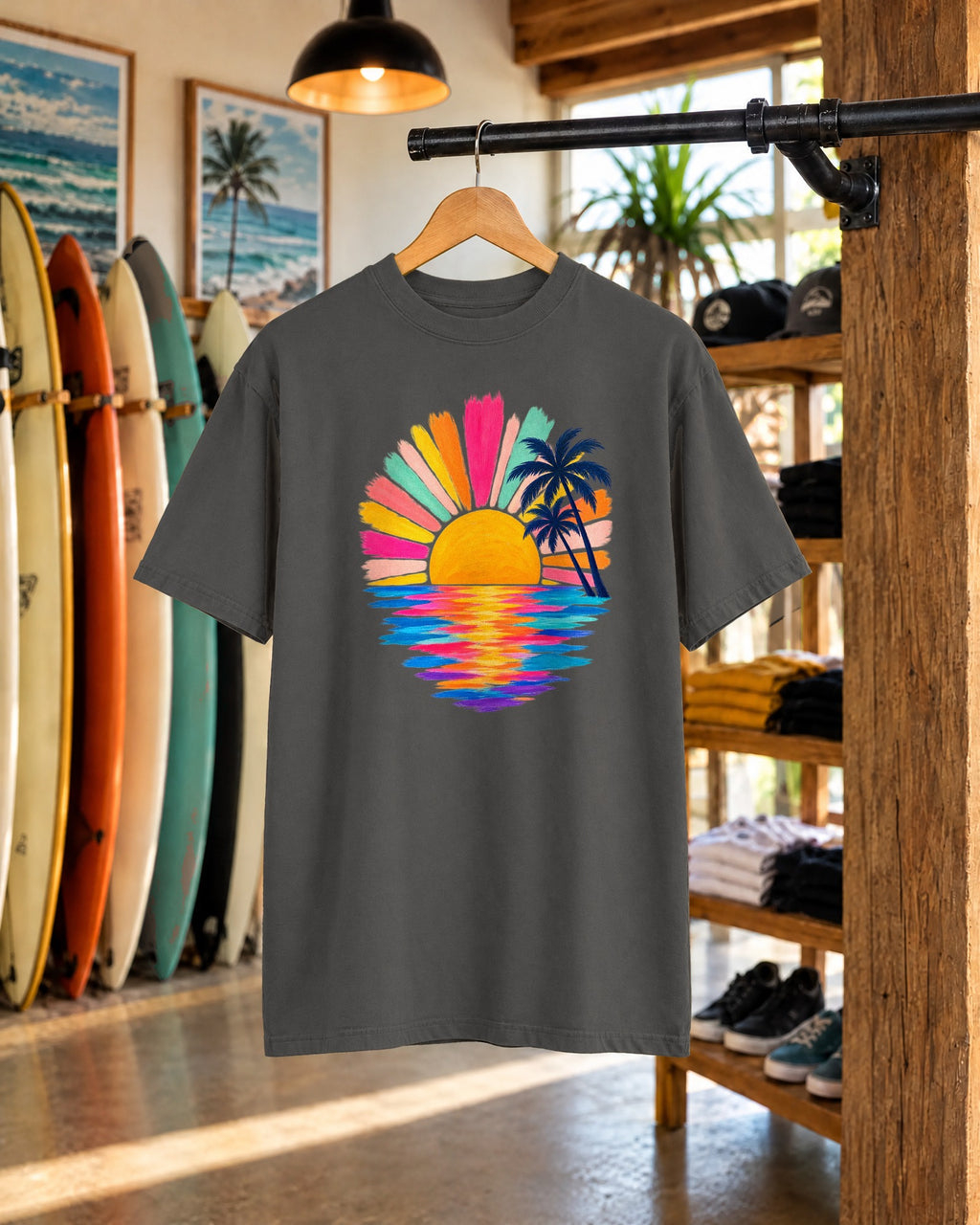 Pastel Sunrise Palm Shirt | Retro Sun Rays Beach Tee | Comfort Colors T-Shirt