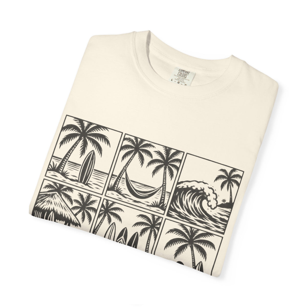 Woodcut Palm Grid Shirt | Tropical Surf Tiles Tee | Comfort Colors T-Shirt