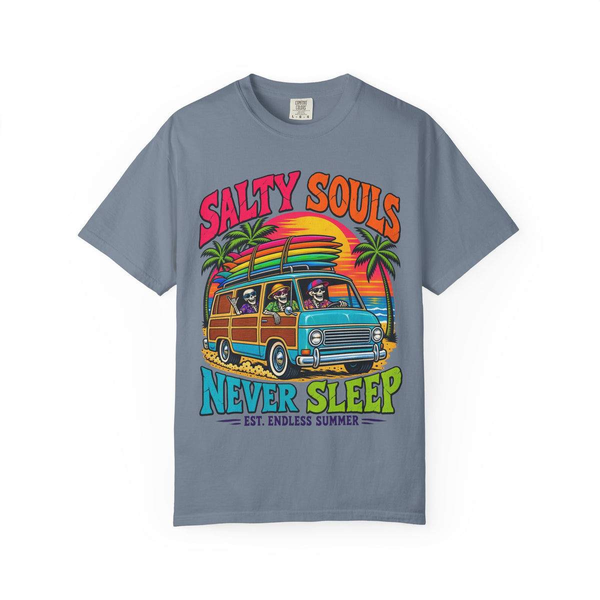 Salty Souls Never Sleep Tee | Skeleton Surf Van Shirt | Funny Retro Surf T-Shirt | Comfort Colors