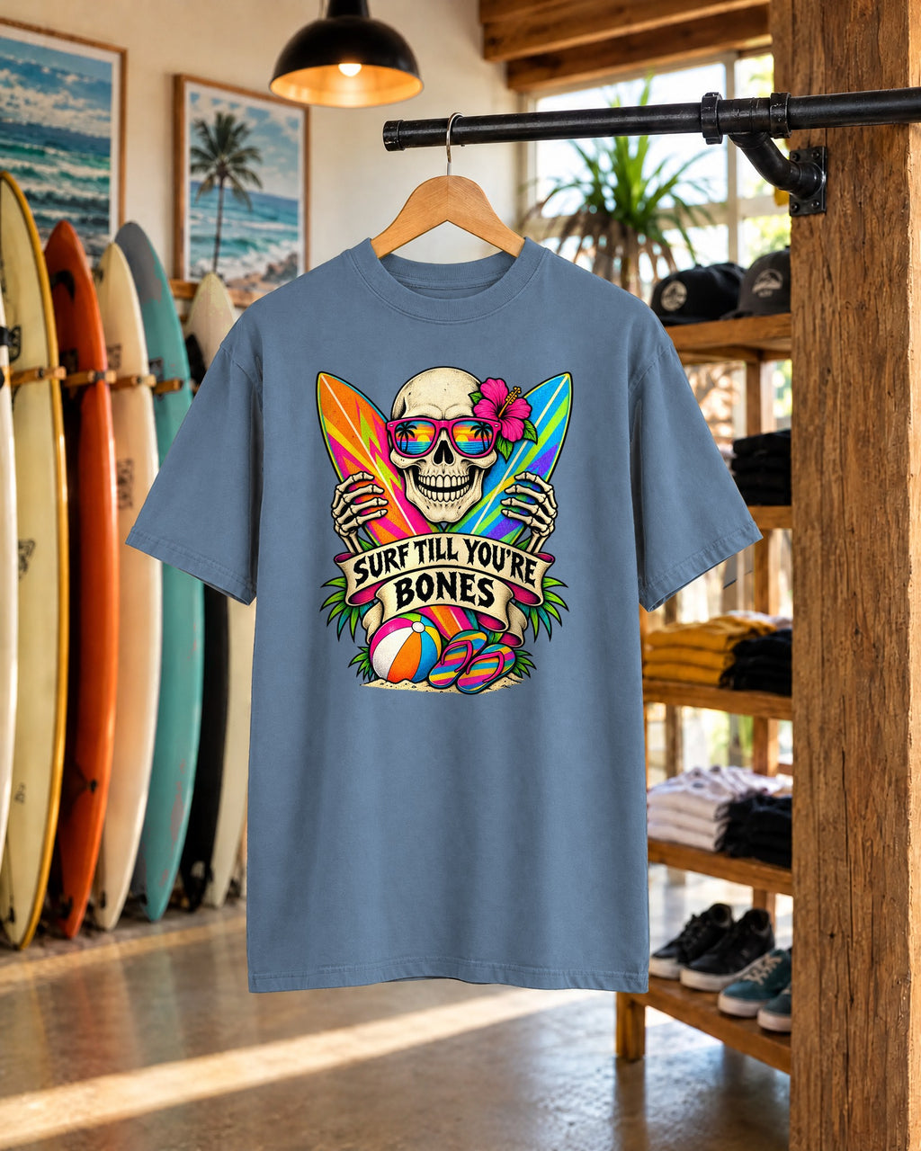 Surf Till You're Bones Tee | Funny Skeleton Surf Shirt | Retro Surfer T-Shirt | Comfort Colors