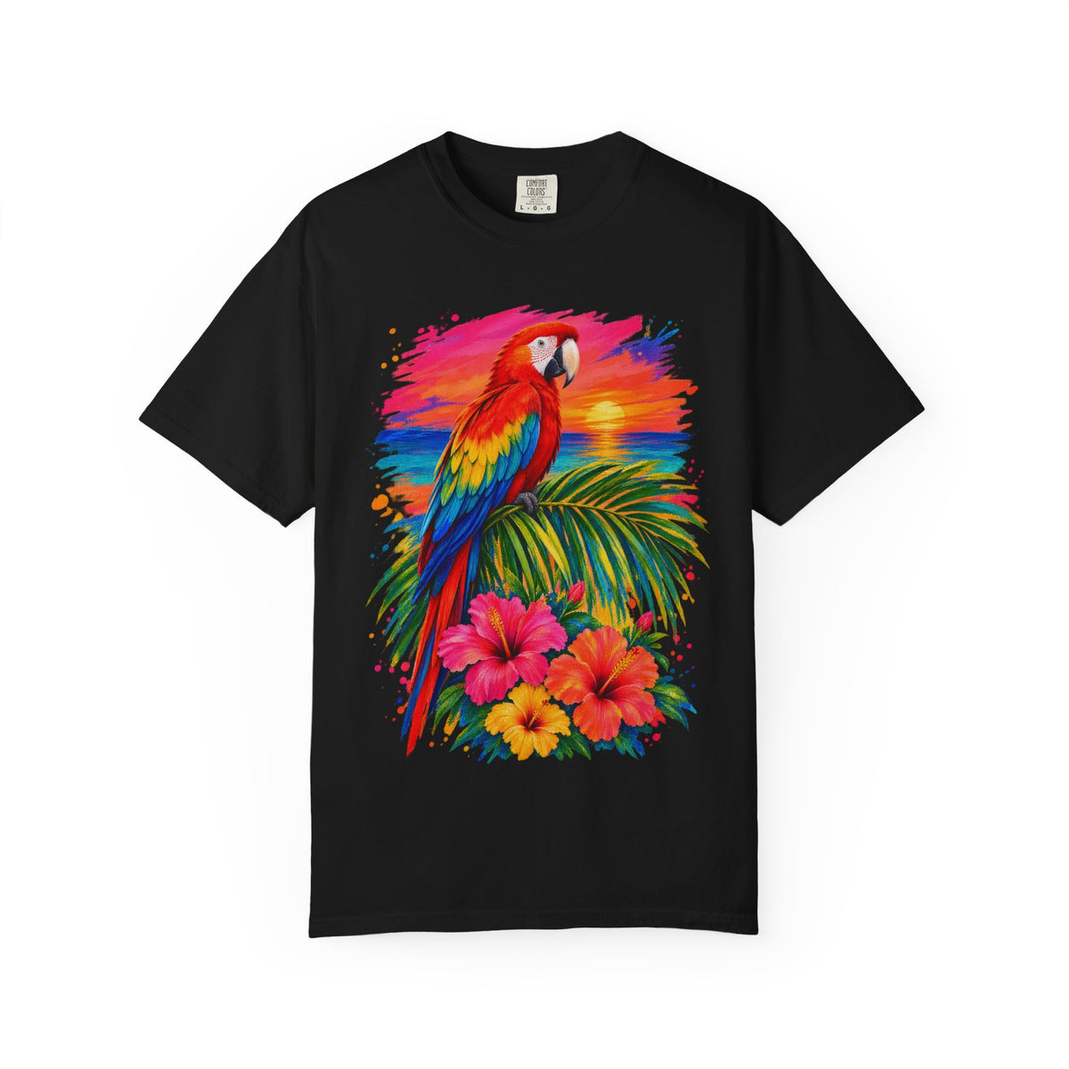 Macaw Parrot Sunset Shirt | Tropical Bird Hibiscus Tee | Comfort Colors T-Shirt