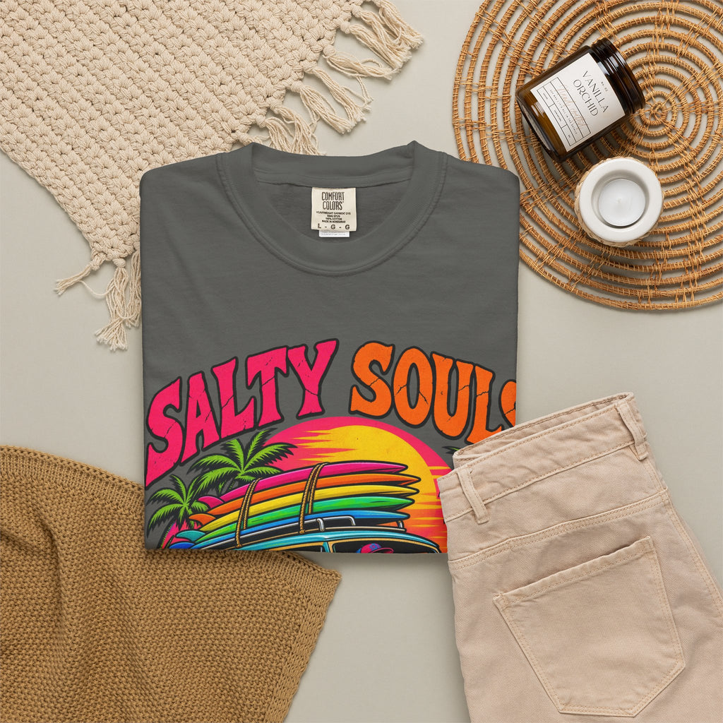 Salty Souls Never Sleep Tee | Skeleton Surf Van Shirt | Funny Retro Surf T-Shirt | Comfort Colors
