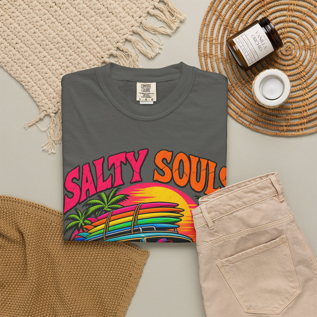 Salty Souls Never Sleep Tee | Skeleton Surf Van Shirt | Funny Retro Surf T-Shirt | Comfort Colors