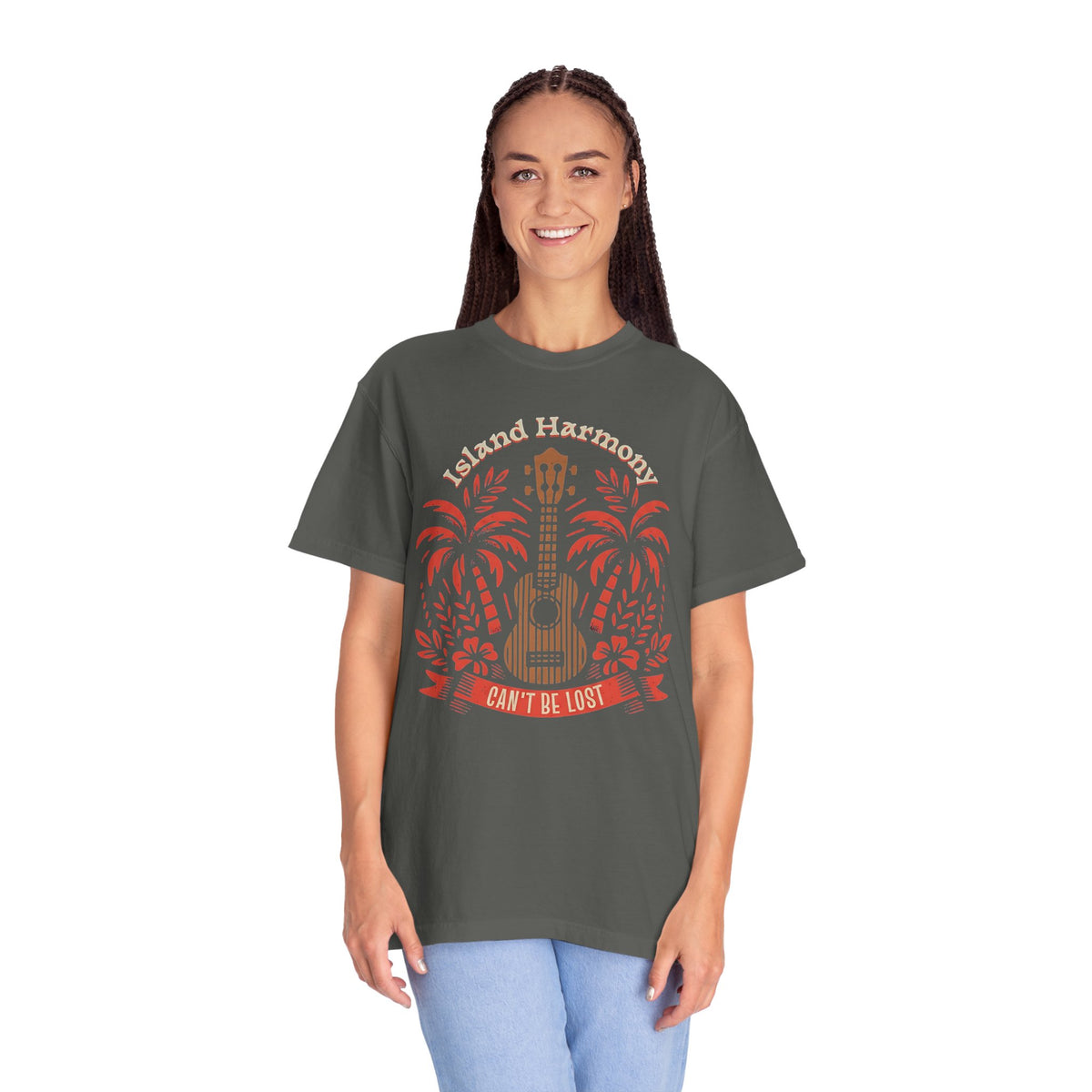 Island Harmony Guitar Tee | Can't Be Lost palm tree ukulele design
